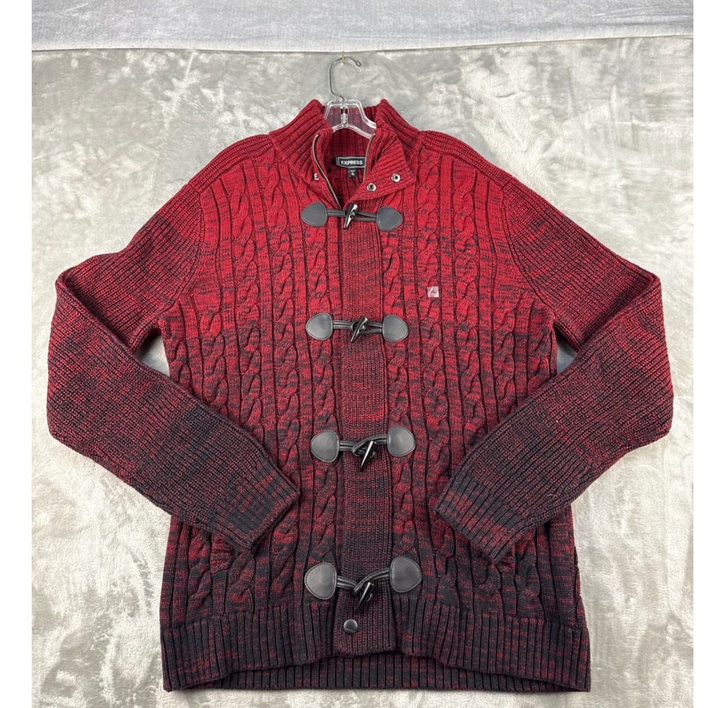 Express Sweater Mens XL Toggle Mock Neck Red Ombre Cable Knit Heavyweight NEW